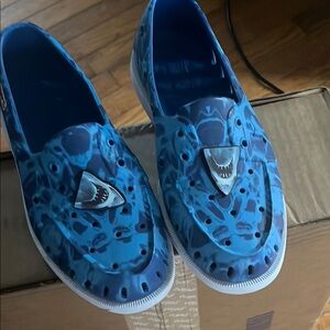 Blue and White Boat Shoes with Shark Pattern and Converse Logo